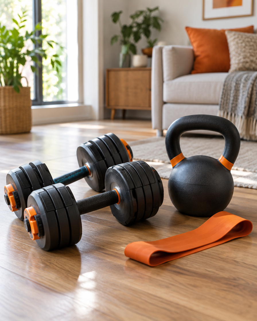 Kettlebell, corda e elásticos no gramado de um condomínio